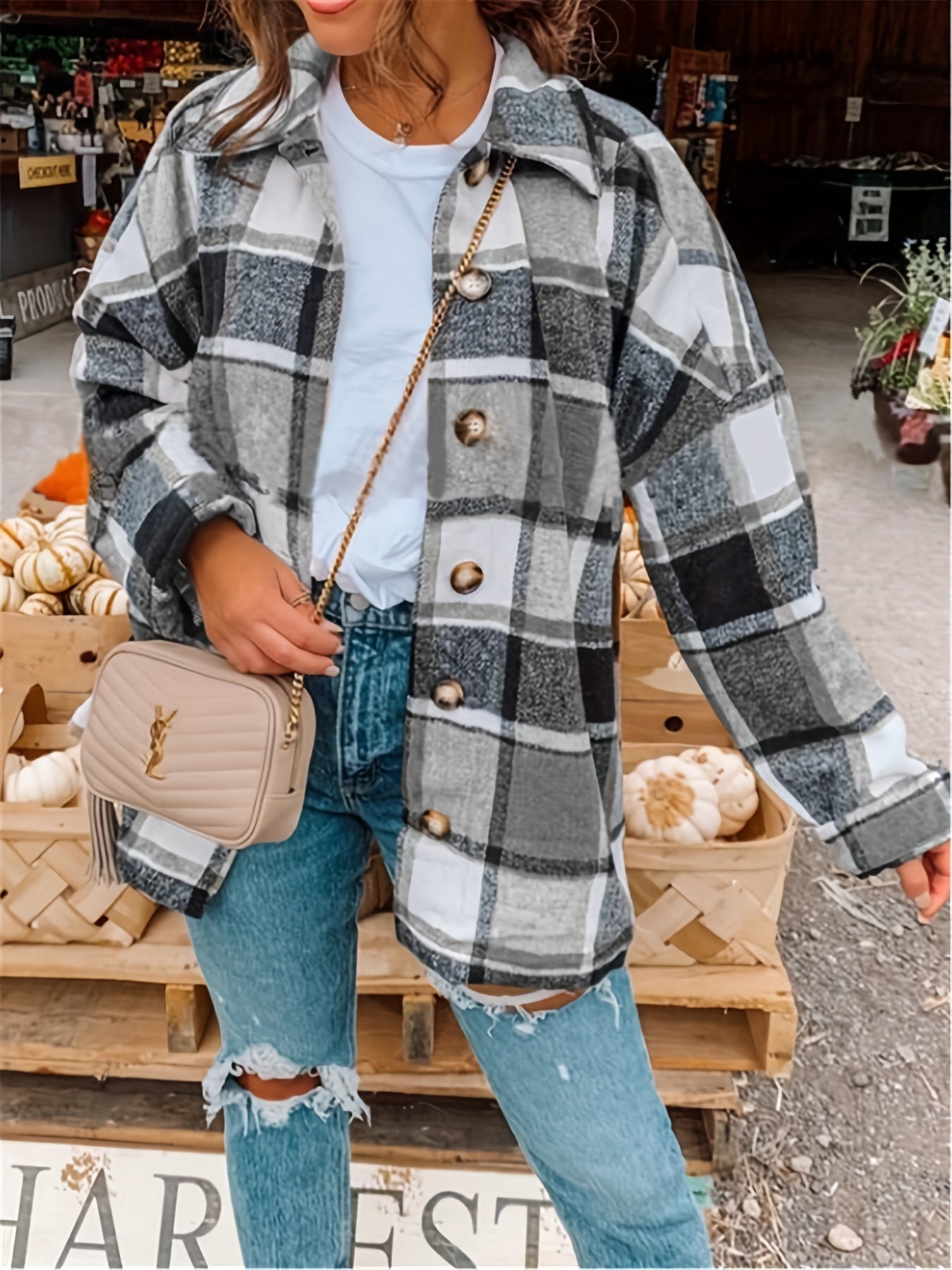  Plaid Print Long Sleeve Button Up Blouse