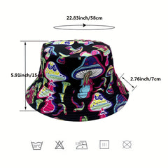 Cartoon Mushroom Print Bucket Hat Reversible Sunscreen Fisherman Cap
