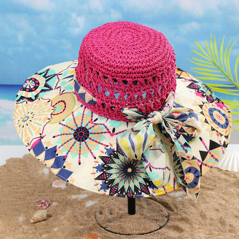 Boho Print Stitching Sun Hat Wide Brim Vintage Crochet Straw Hat