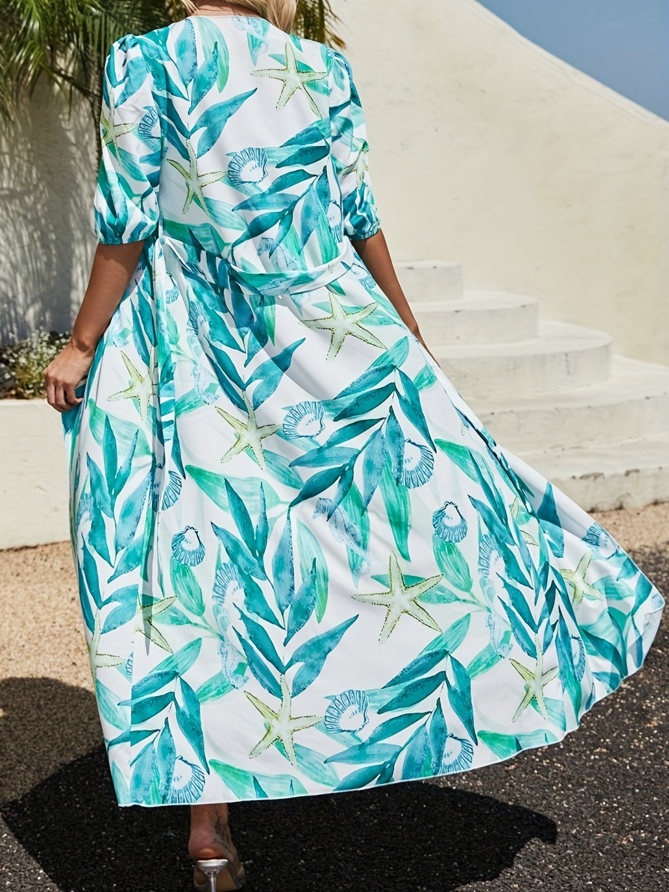 Leaf Starfish Sea Shell Print Beach Cover Up Dress Surplice V Neck Kaftan