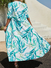 Leaf Starfish Sea Shell Print Beach Cover Up Dress Surplice V Neck Kaftan