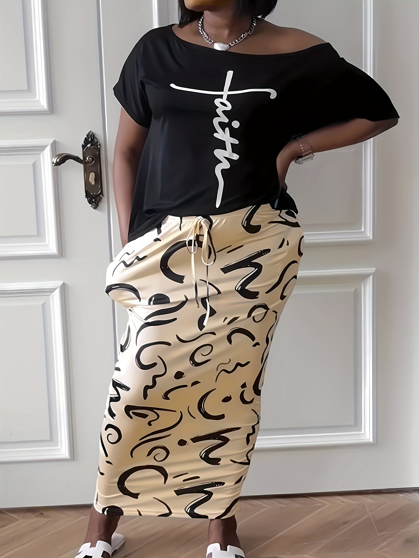  Casual 2 Piece Set Women's Plus Letter Print Top & Drawstring Skirt