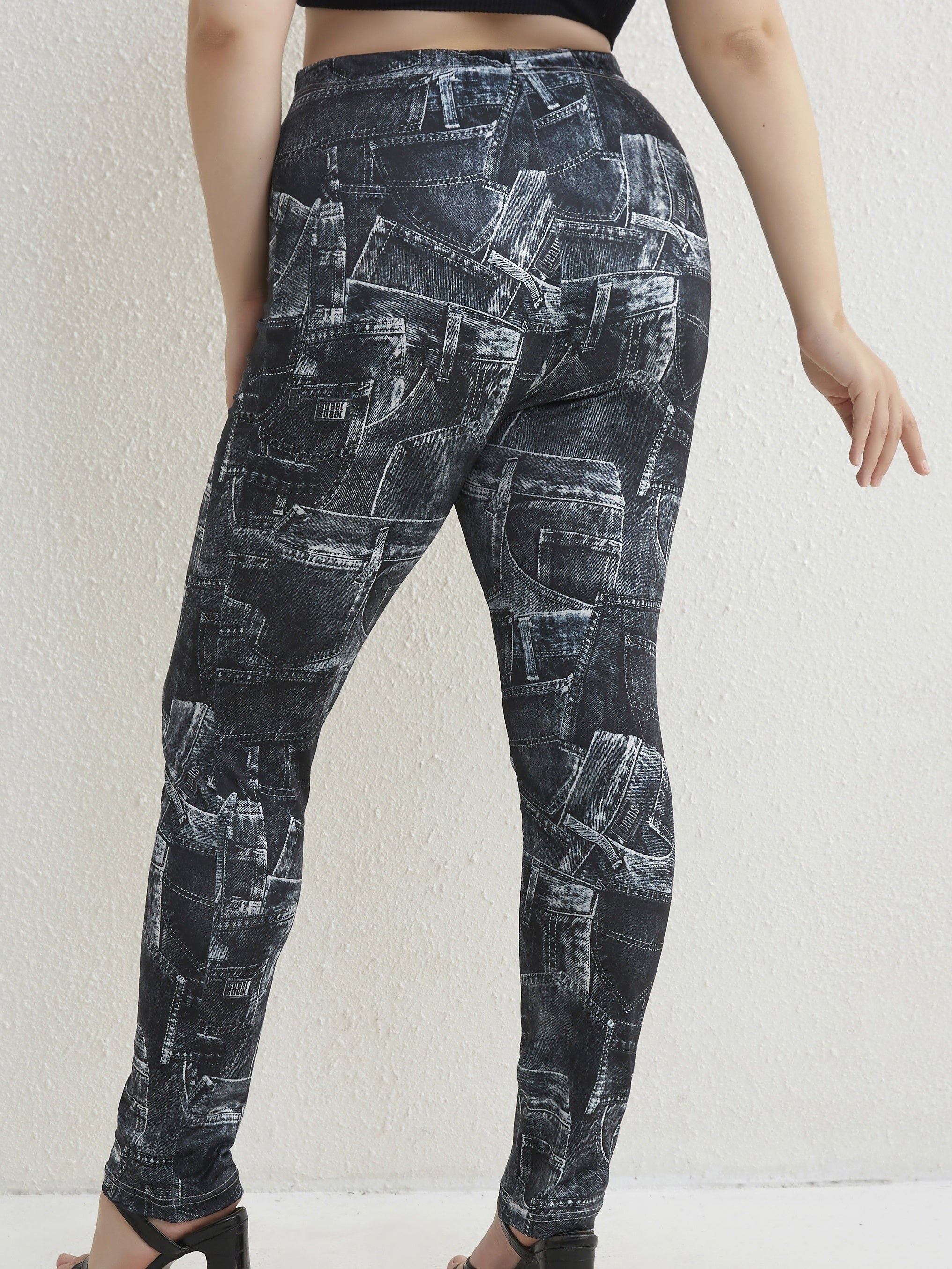  Colorblock Denim Print Stretch Leggings