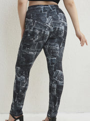  Colorblock Denim Print Stretch Leggings