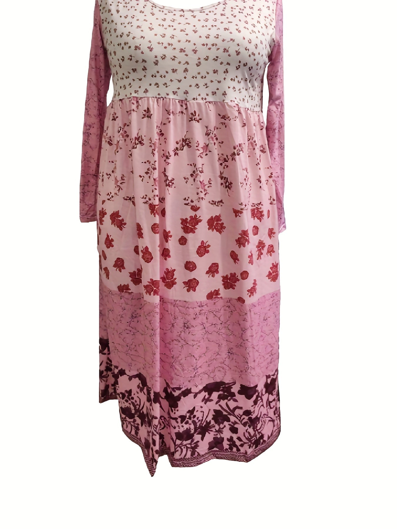  Colorblock Floral Print Long Sleeve Dress