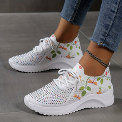 Rhinestone & Leaf Print Lace Up Sneakers Lightweight Sock Outdoor Shoes