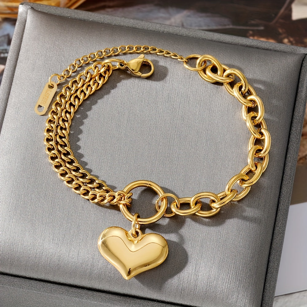 Heart Pendant Double Layers Chain Bracelet Stainless Steel Bangle