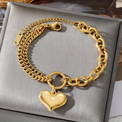 Heart Pendant Double Layers Chain Bracelet Stainless Steel Bangle