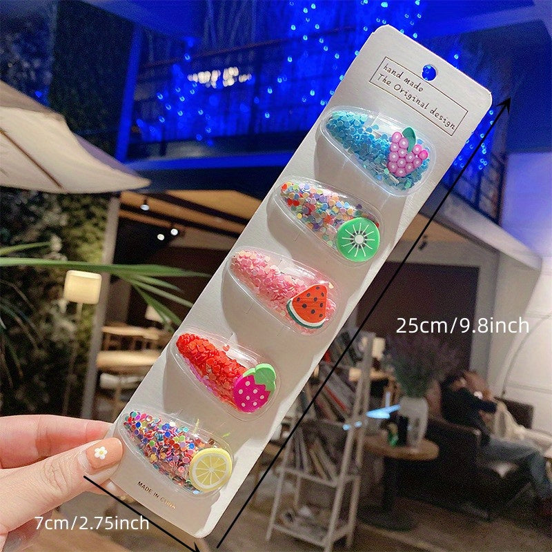 5 Pcs Sparkle Fruit Snap Hair Clips for Girls - Quicksand Bling Sequin Hairpins
