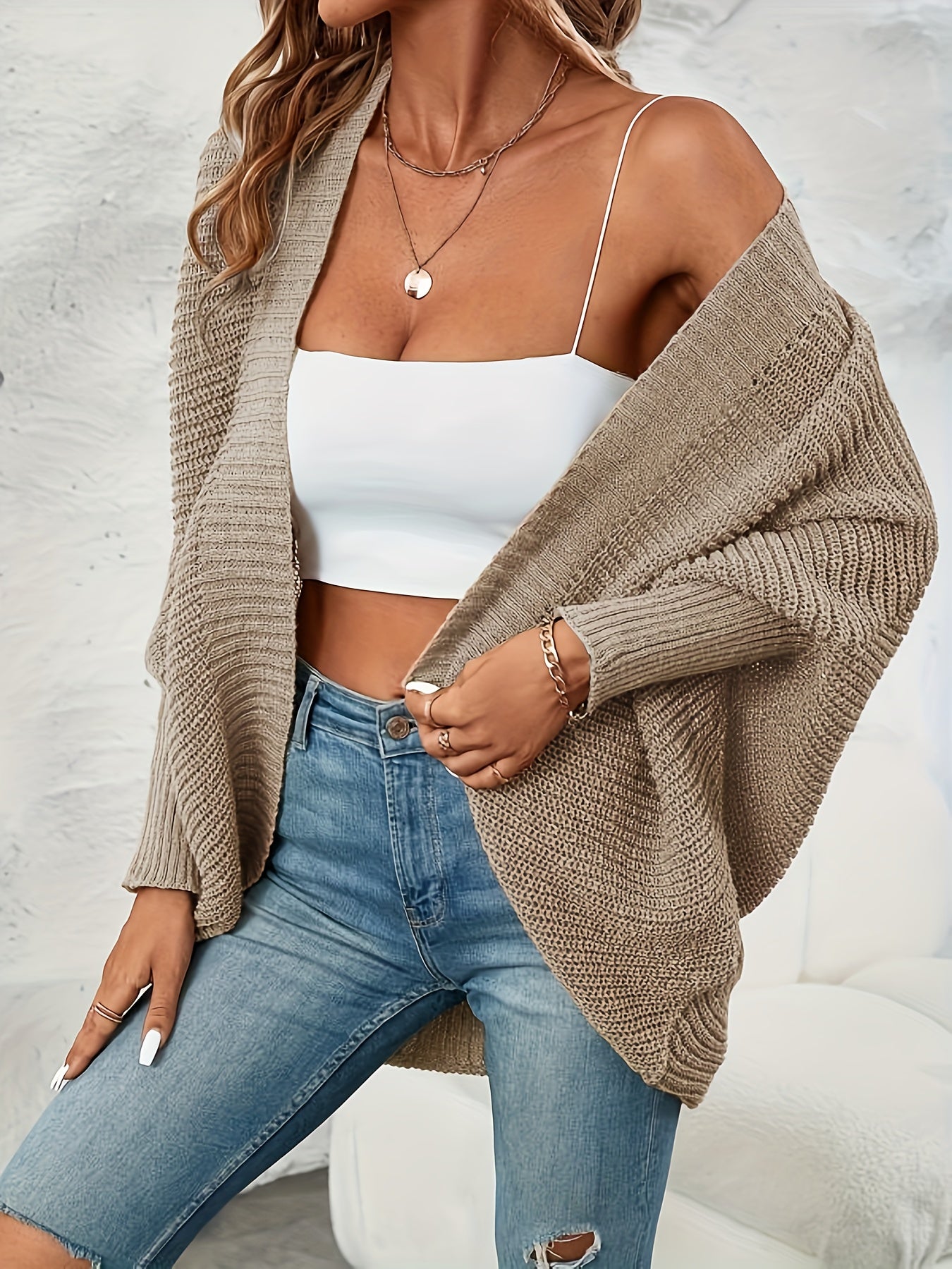  Solid Batwing Sleeve Open Front Cardigan