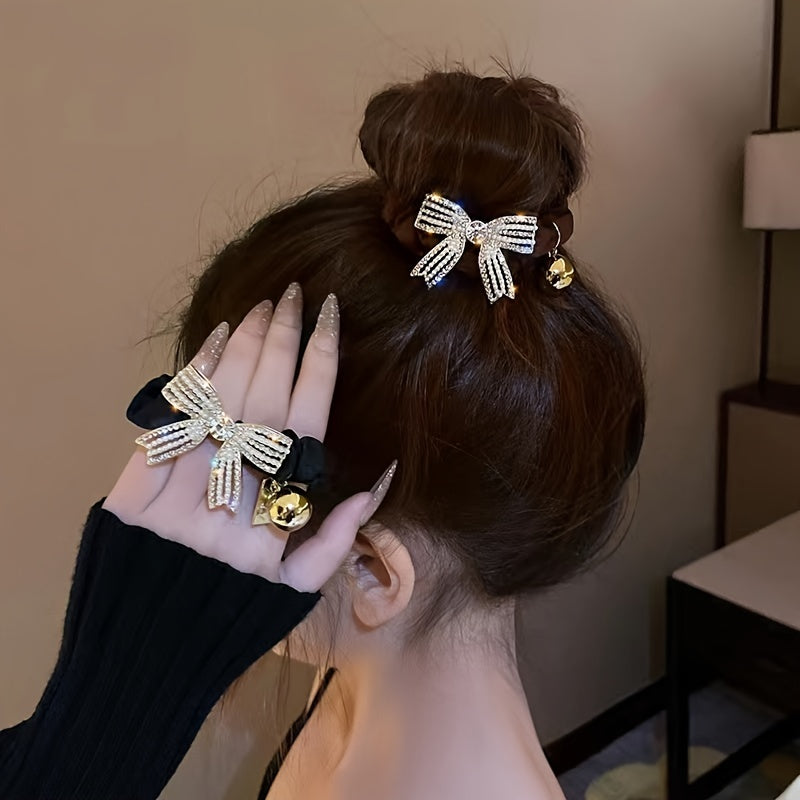 Golden Bead Rhinestone Bow Scrunchies Hair Ties Ponytail Holder
