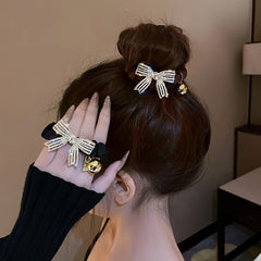 Golden Bead Rhinestone Bow Scrunchies Hair Ties Ponytail Holder