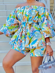  Leaf Print Off Shoulder Top & Shorts 2 Piece Set