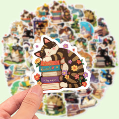 50pcs Reusable Cat Reading Stickers for Laptops Water Bottles Notebooks