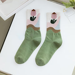 3 Pairs Floral Print Socks Breathable & Colorblock Women's Stockings