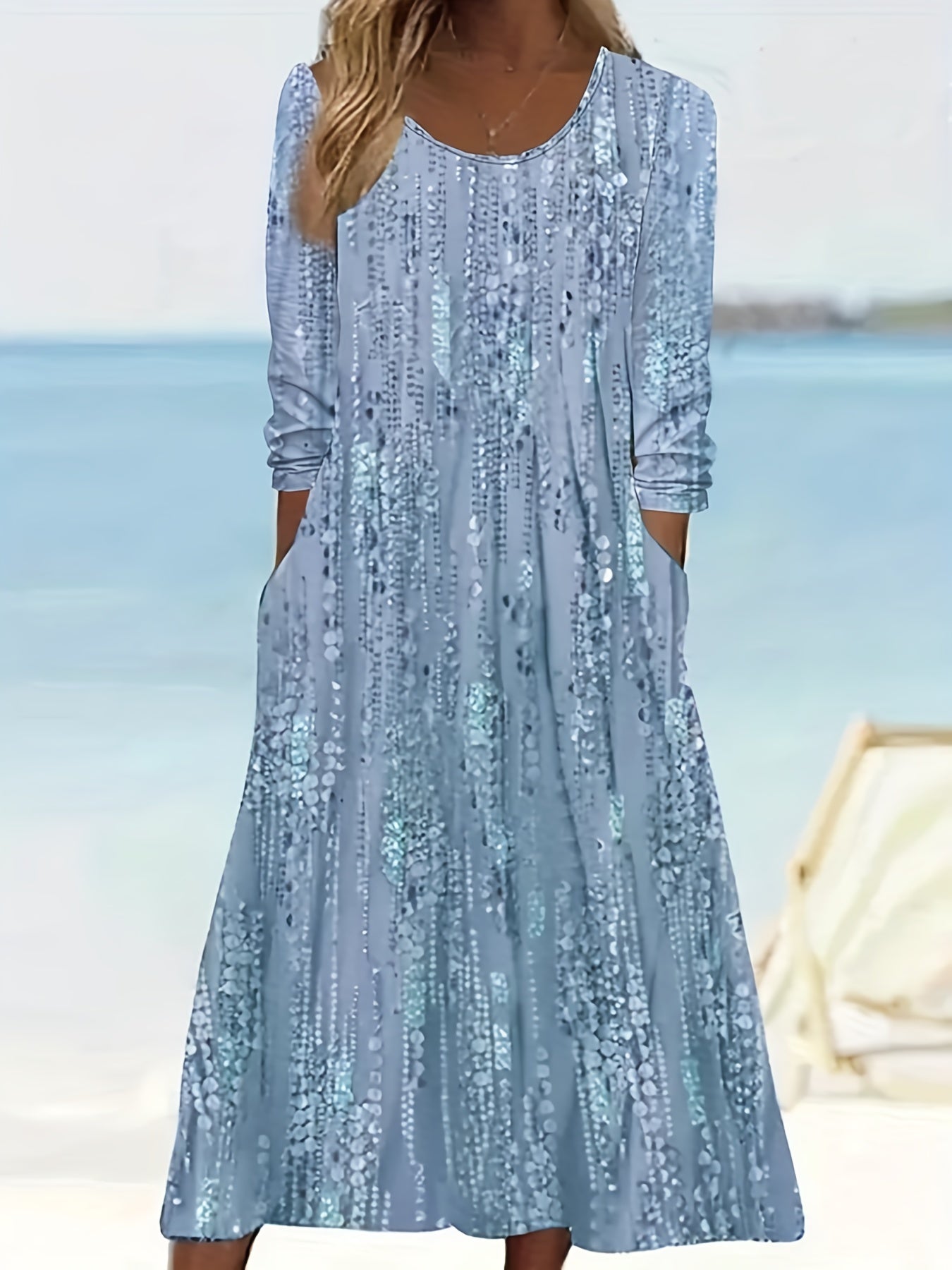  Floral Print Long Sleeve Round Neck Dress with Pockets