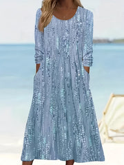  Floral Print Long Sleeve Round Neck Dress with Pockets