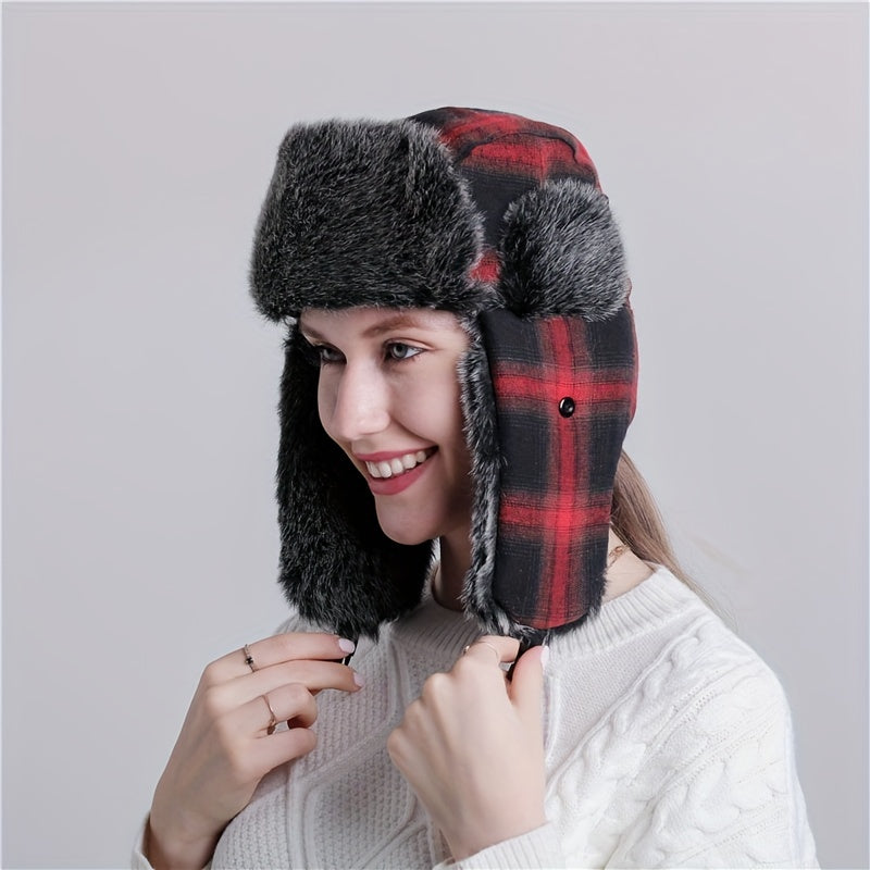 Warm Plaid Ear Protection Hat for Men and Women