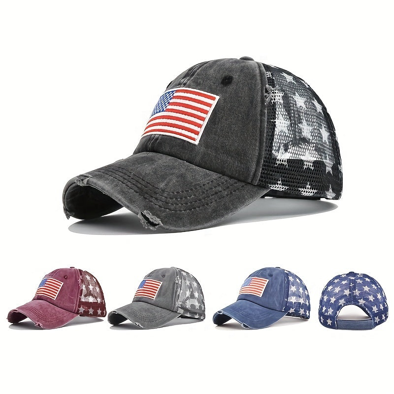 Pentagram Print Ponytail Baseball Cap Flag Embroidery Mesh