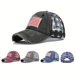 Pentagram Print Ponytail Baseball Cap Flag Embroidery Mesh