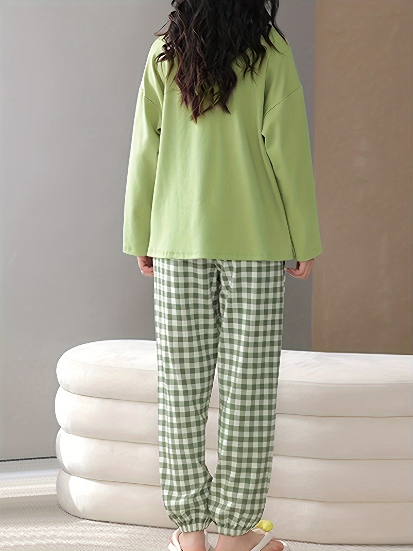 Plaid Print Pajama Set Long Sleeve Crew Neck Top & Elastic Waistband Pants