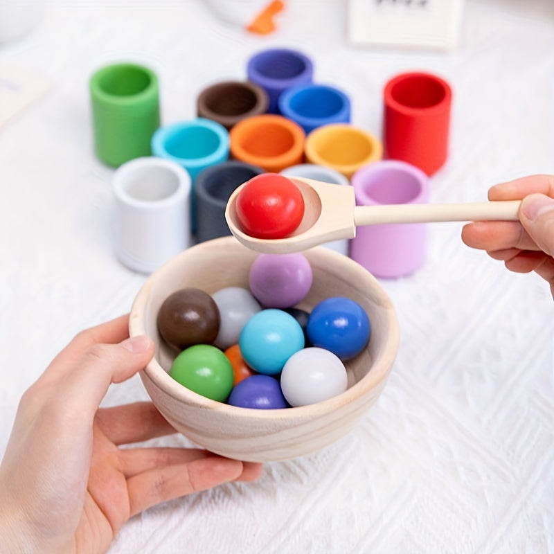 Montessori Wooden Sorter Toy Rainbow Ball And Cups Sorting Game