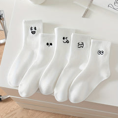 5 Pairs Expression Print Socks Fun & Cute Crew Socks Women's Stockings