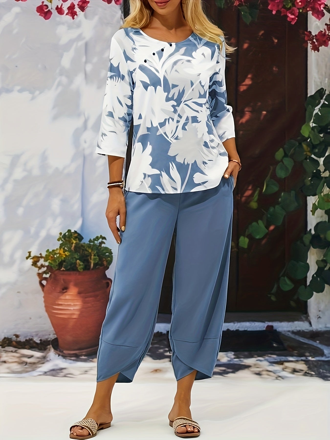 Plant Print 3/4 Sleeve Crew Neck Two Piece Set