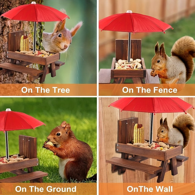 Wooden Squirrel Feeder Picnic House with Umbrella for Outdoor Garden