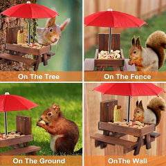 Wooden Squirrel Feeder Picnic House with Umbrella for Outdoor Garden