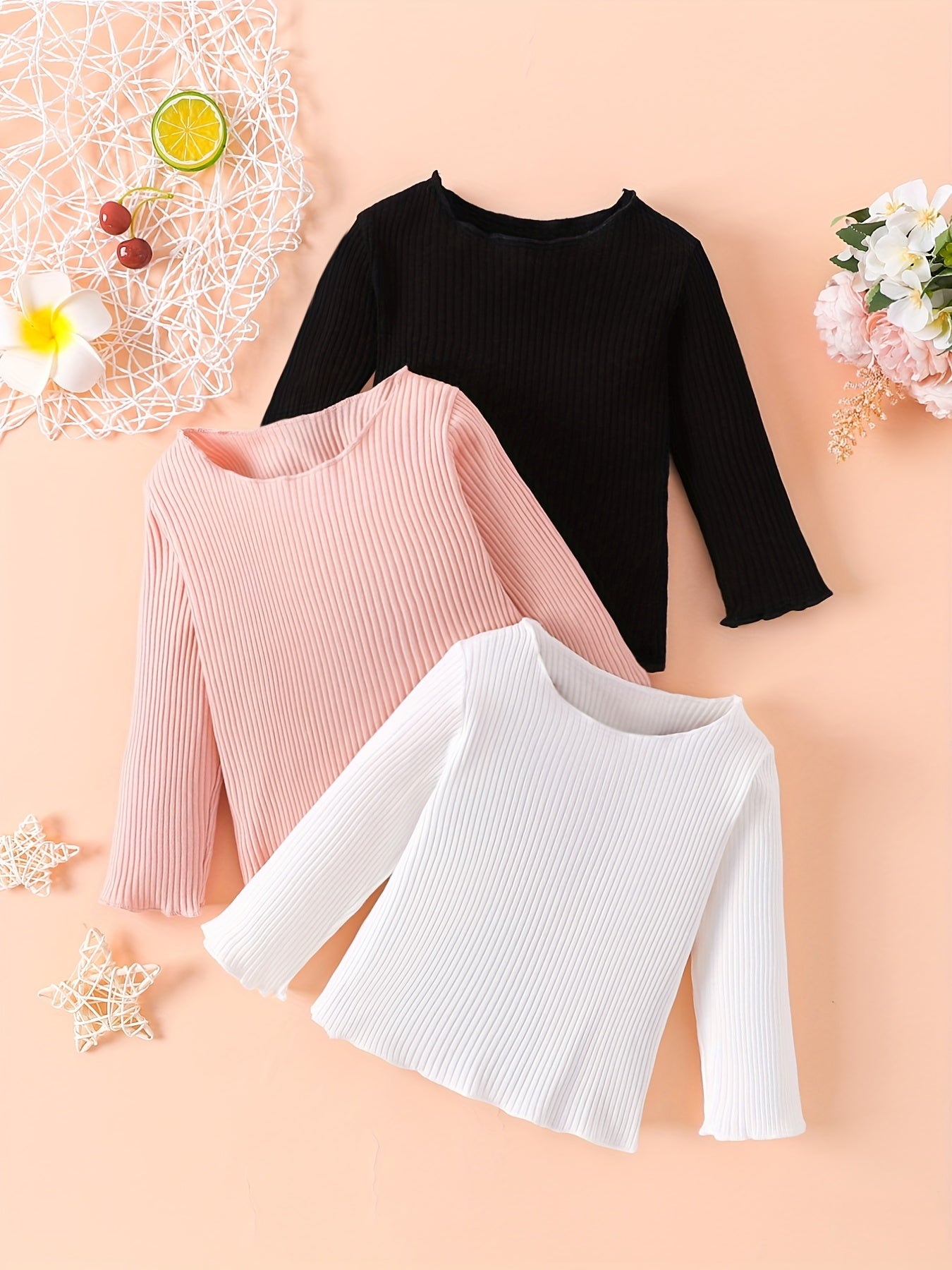 3pcs Girls Long Sleeve Ribbed Knit Ruffle Tops Blouse Sweater Set