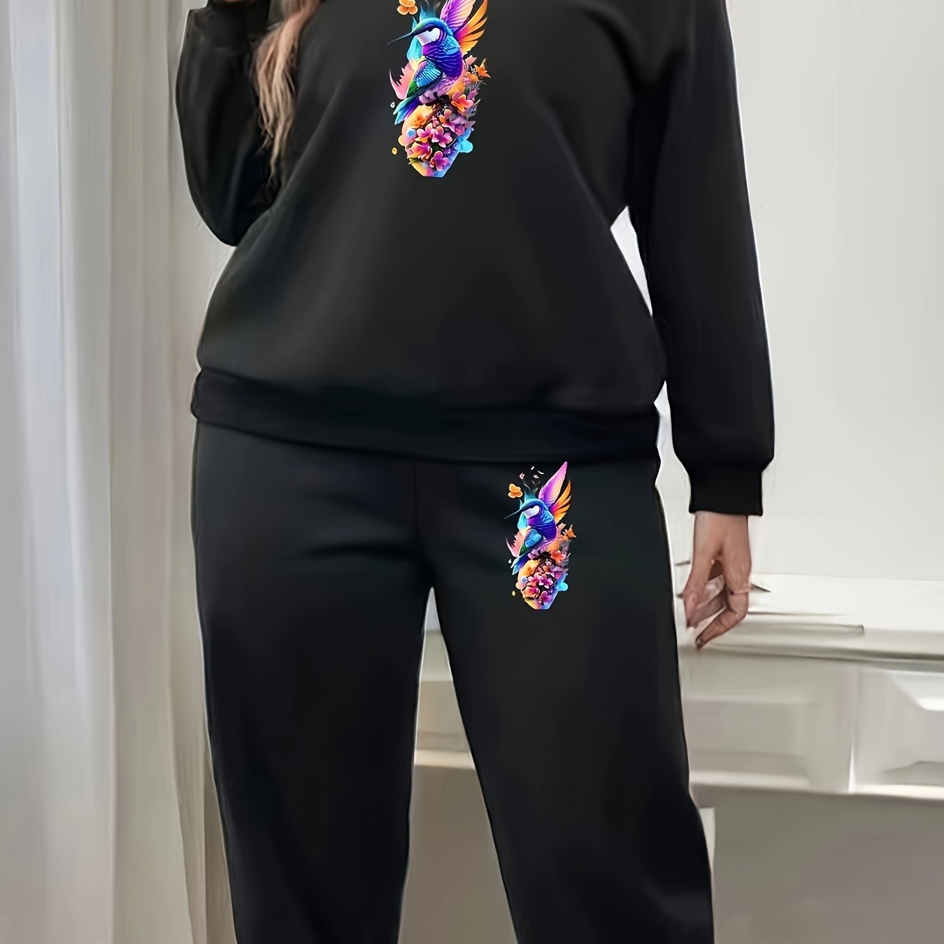 Women's Plus Floral Fish & Bird Print Fleece Pullover Top & Joggers Set
