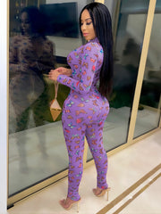 Butterfly Print Zip Up Jumpsuit Long Sleeve Skinny Jumpsuit
