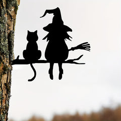 Iron Witch And Cat Garden Stake Yard Art Decor Tree Stump Plug-in