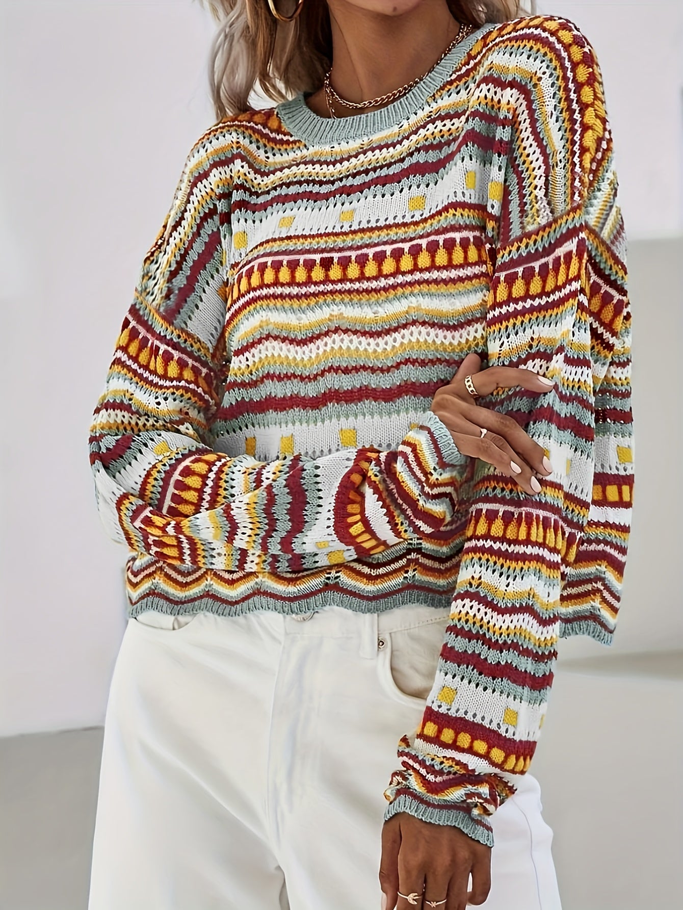  Colorblock Geometric Print Sweater