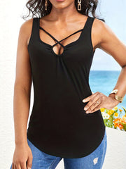  Casual Tank Top Women's Plus Solid Criss Cross Keyhole Front