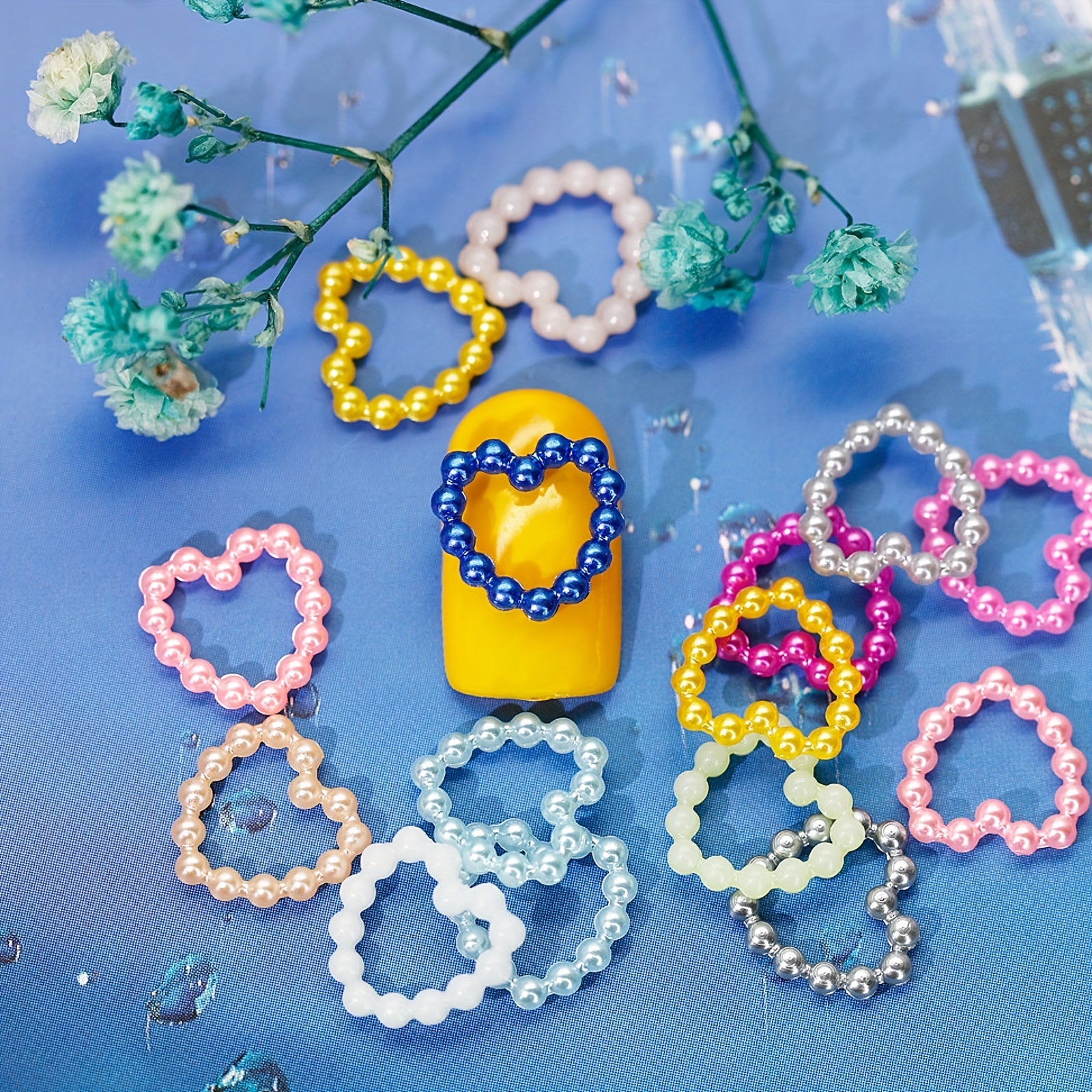 300Pcs Colorful Hollow Pearly Heart Pearl Nail Charm Acrylic Heart Decoration
