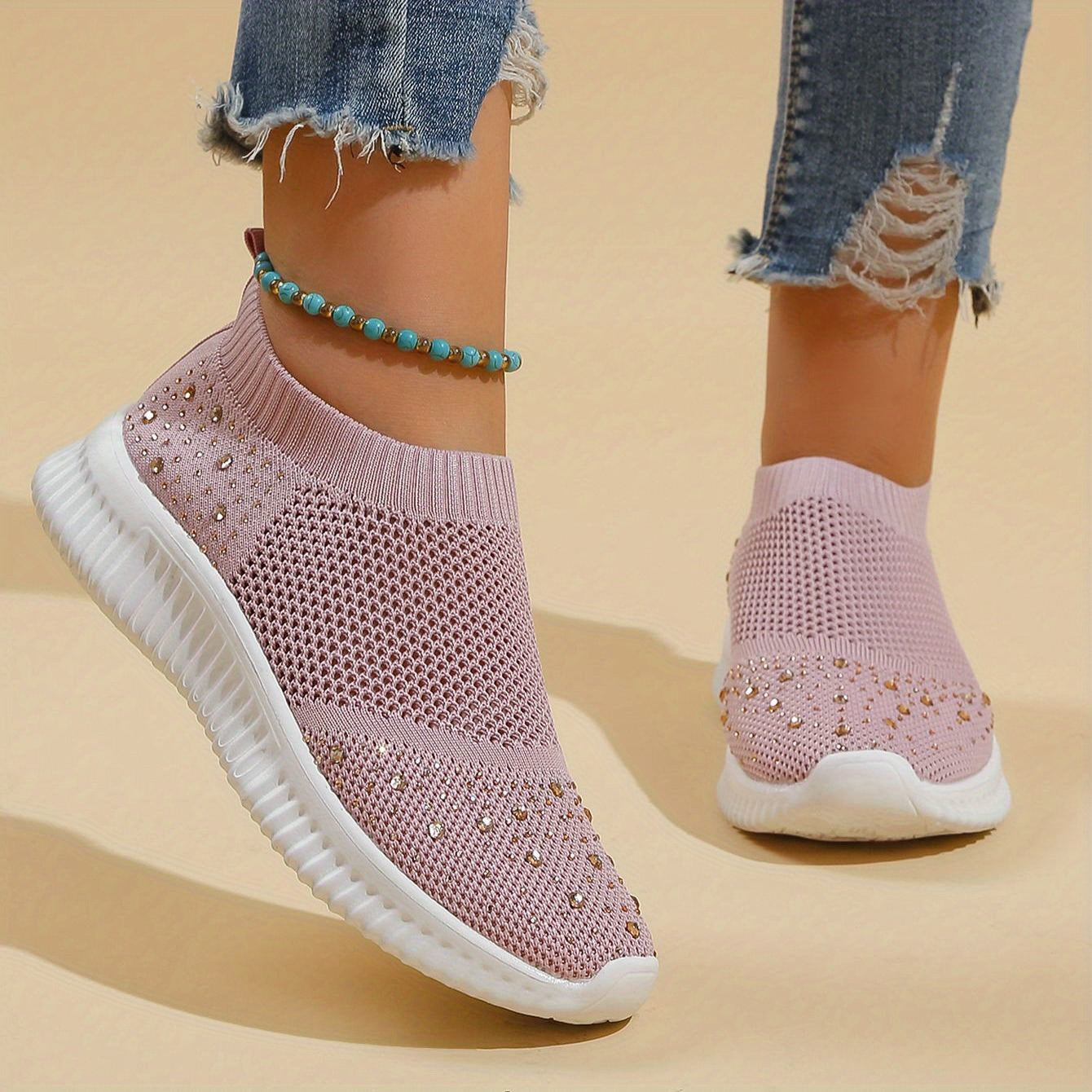Women's Rhinestone Decor Slip On Sneakers Lightweight Low Top Shoes