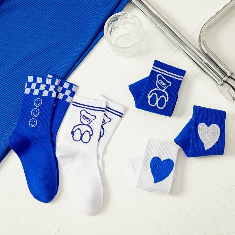 5 Pairs Love Bear Crew Socks Checkerboard Print Comfy Mid-tube Stockings