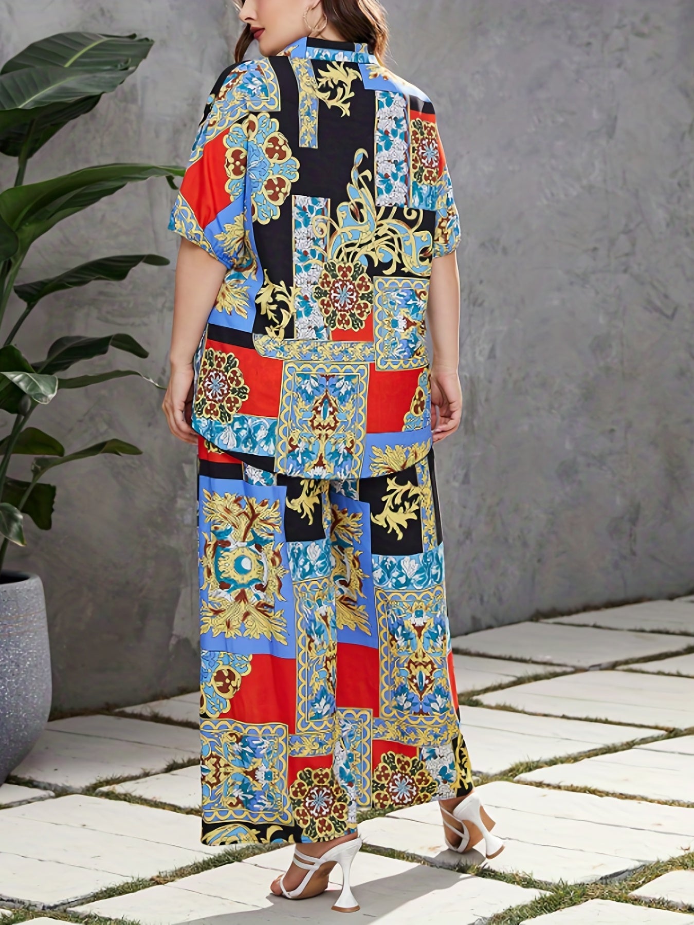  Colorblock Baroque Print Blouse & Wide Leg Pants Outfits 2 Piece Set