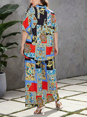  Colorblock Baroque Print Blouse & Wide Leg Pants Outfits 2 Piece Set