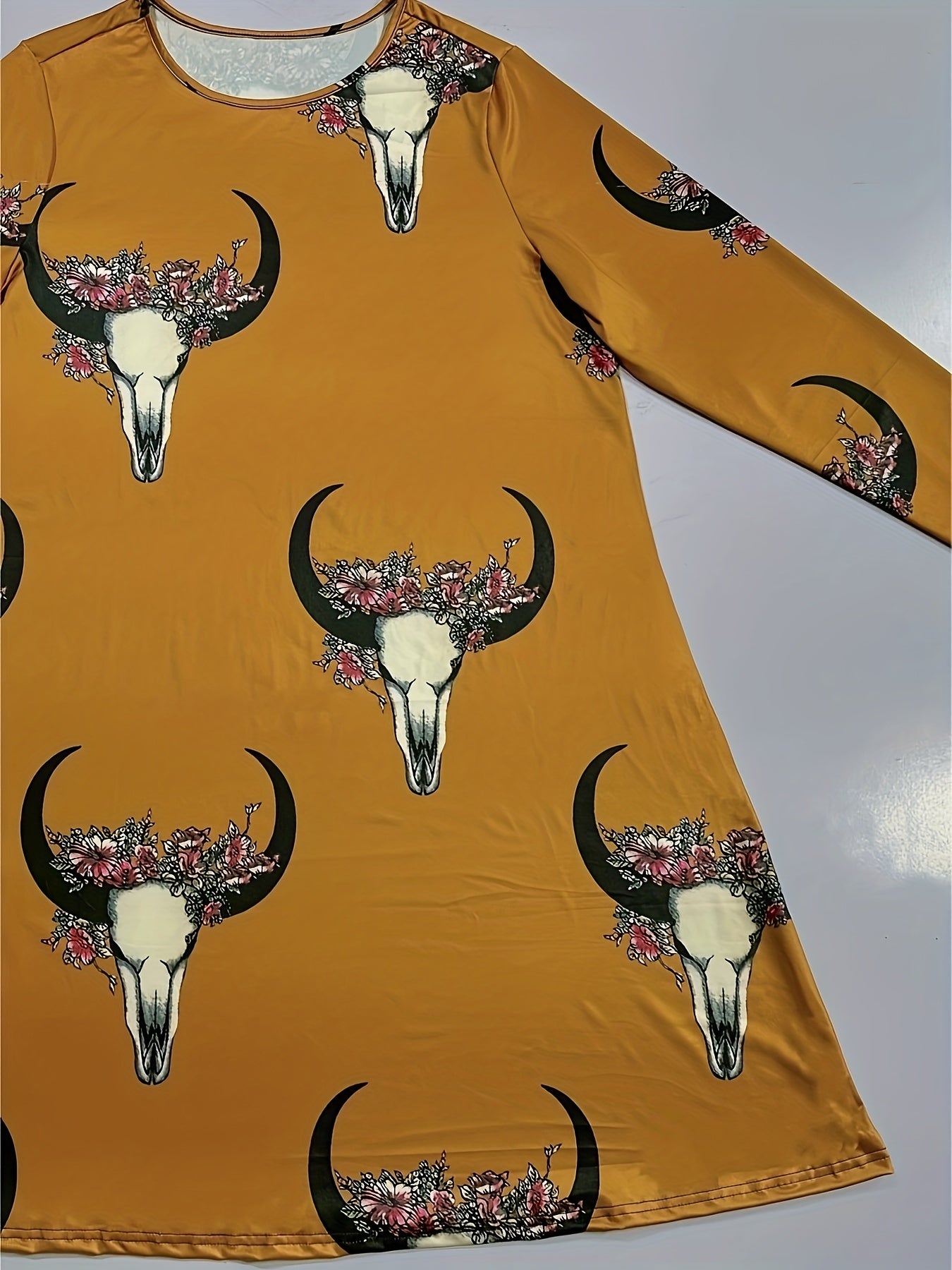 Plus Size Western Style Dress Women's Plus Floral Bull Skull Print Long Sleeve