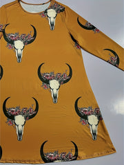 Plus Size Western Style Dress Women's Plus Floral Bull Skull Print Long Sleeve