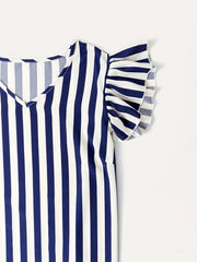  Women's Stripe Print Cap Sleeve V Neck Blouse