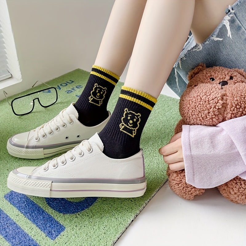 5 Pairs Cartoon Bear Print Socks & Striped Crew Socks Women's Stockings