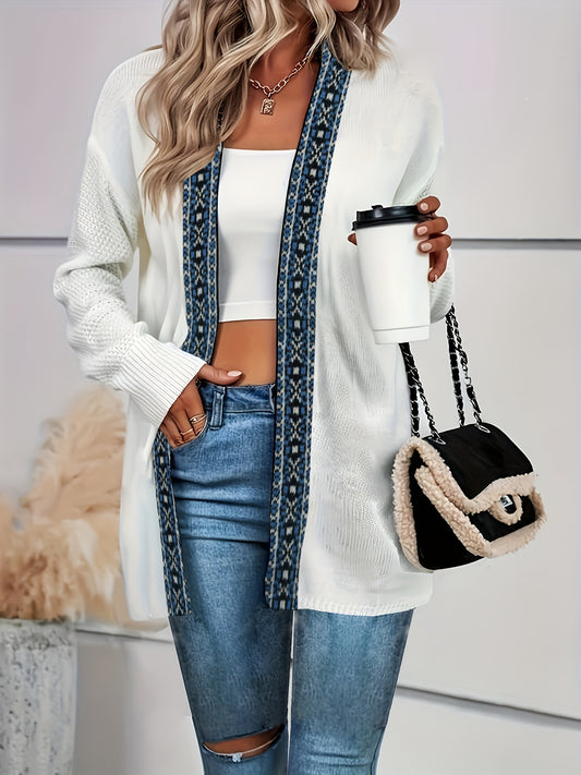  Colorblock Geo Print Open Front Cardigan
