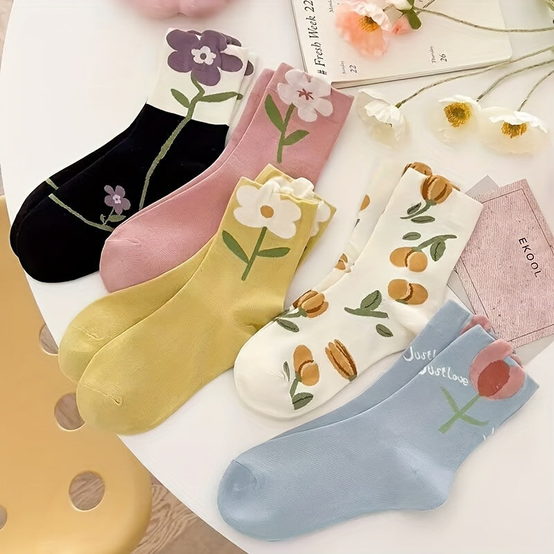 5 Pairs Women's Floral Mid Tube Socks