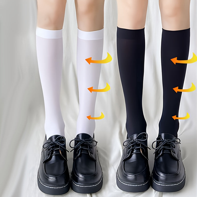 2 Pairs Solid Calf Socks College Style Knee High Socks Women's Stockings