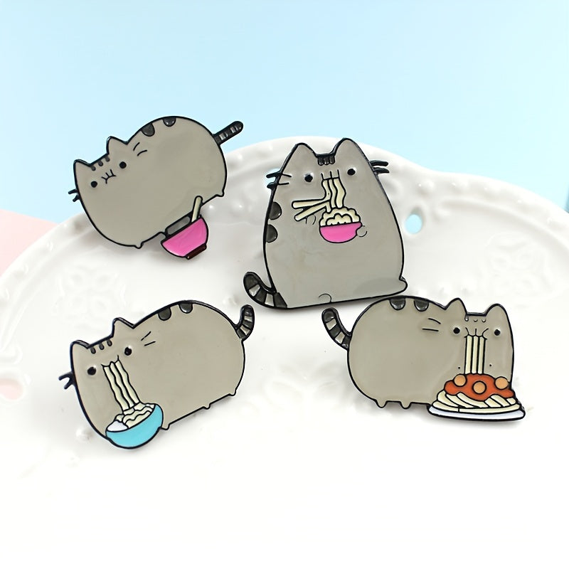 Cute Gray Cat Eating Noodle Brooch