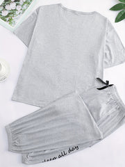  Letter Print Pajama Set Short Sleeve Top & Bow Knot Pants
